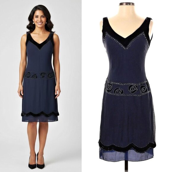 Vintage Y2K Nine West Silk Mini Dress Blue Velvet Flapper 1920s Drop Waist 4 - Picture 1 of 14